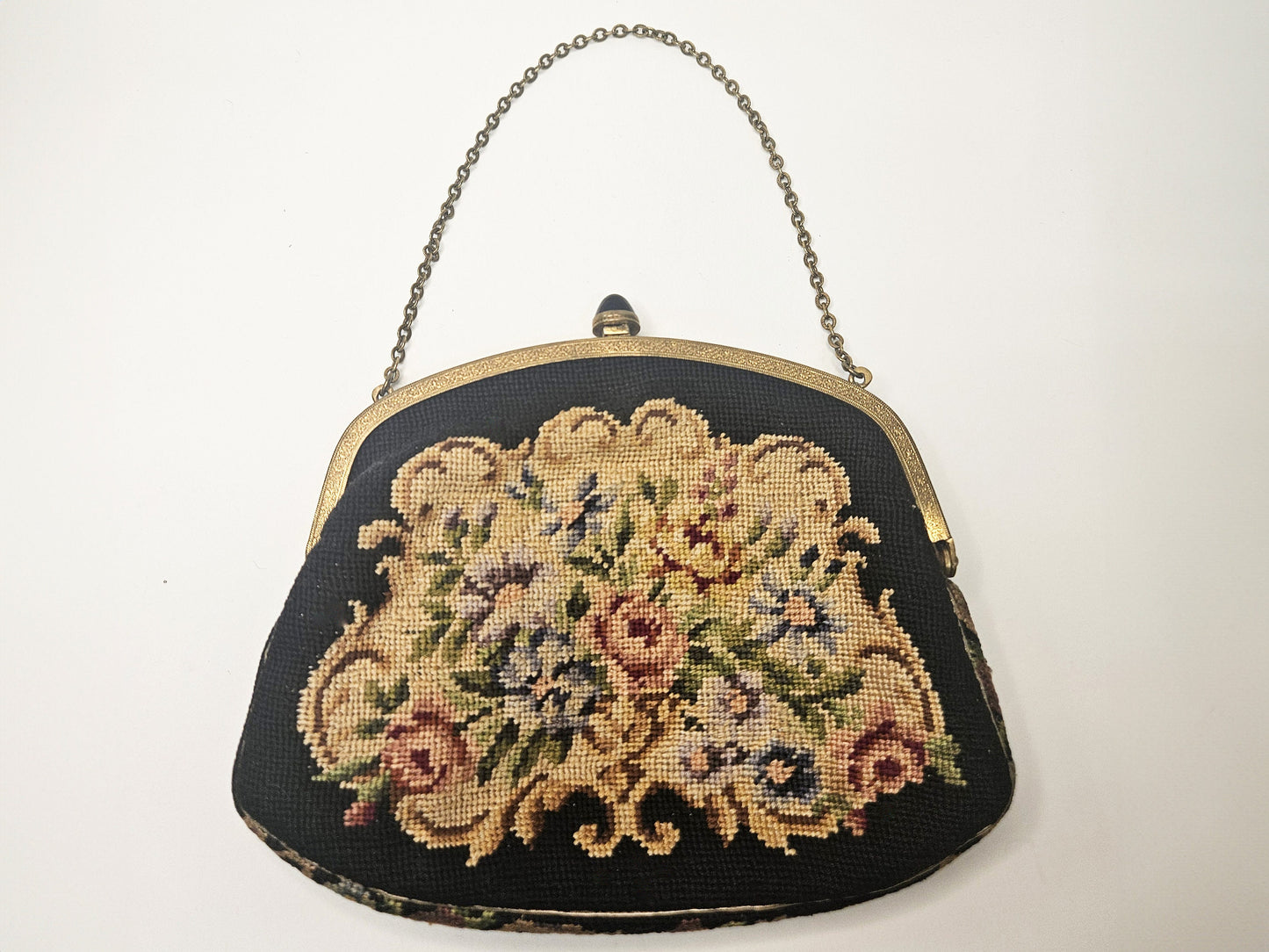 Saks Fifth Avenue Austrian Needlepoint Petit Point Rose Patterned Tapestry Evening Bag - Vintage Ladies Black Tapestry Evening Bag
