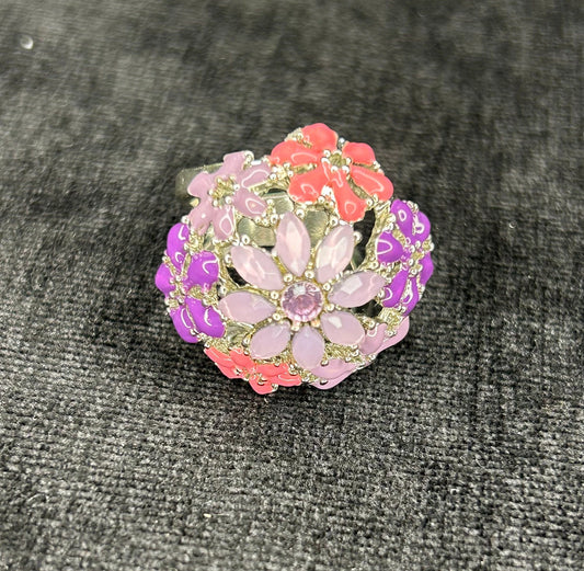 Pink, Purple and Orange Enameled Flowers, Crowned with Crystals on a Princess Ring