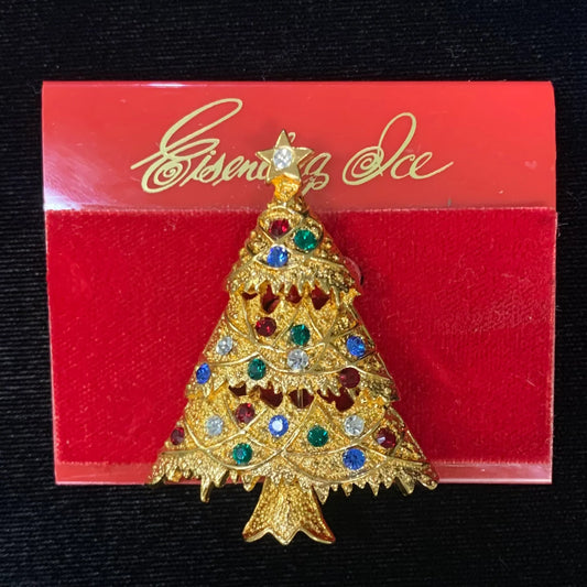 Eisenberg Christmas Tree Brooch Pin - Multicolor Eisenberg Rhinestones Lighting Gold Holiday tree
