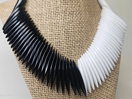 80's Black And White Aztec Style Spiky Beaded New Wave Statement Necklace