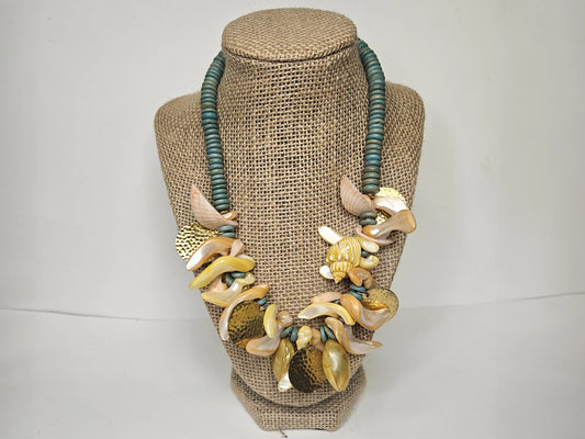 Tropical Turquoise Beaded Sea Shell Statement Necklace - Gold Details Peach Colored Shells