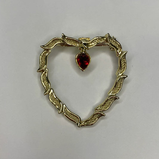 Gold Plated Heart Pin With Red Heart Rhinestone Drop
