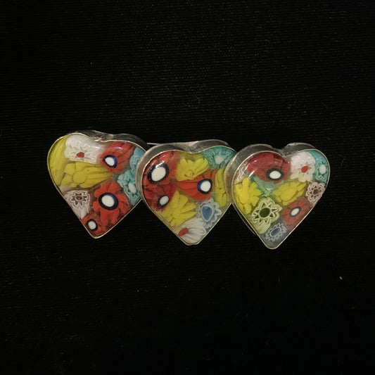 Multi-colored Murano Glass 3 Hearts Brooch Pin