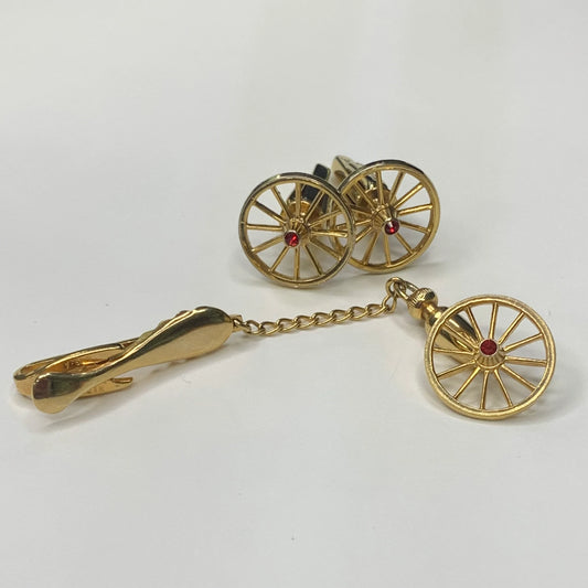 Vintage Hickok USA - Cufflinks and Tie Clip - Gold With Red Rhinestones
