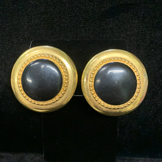 St. John Black and 24k Gold Plated Circular Clip-On Earrings