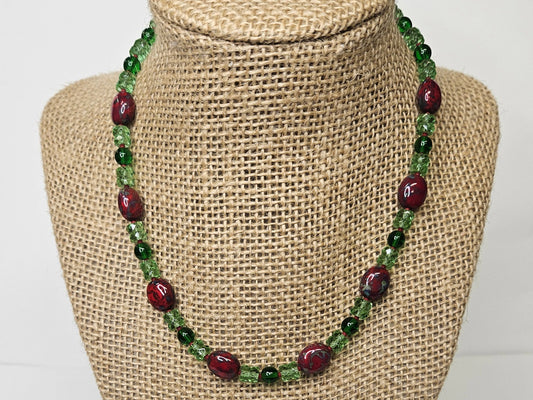 Red And Green Beaded Necklace - Painted Glass Beads