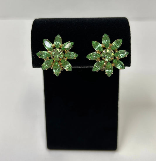 Green Rhinestone Clip on Earrings