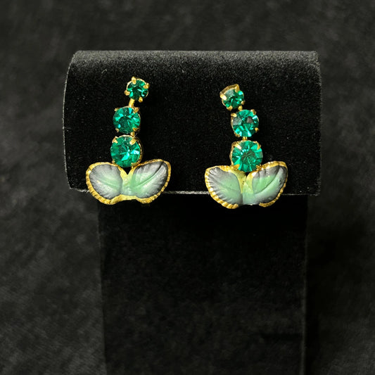 Green Leaves / Rhinestone Clip On Brooch Earrings