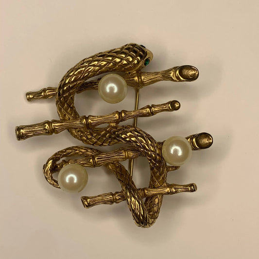 Erwin Pearl Pin  - Gold Tone Snake with green Crystal Eyes on Bamboo Rods with Pearls- Large Snake Brooch by Erwin Pearl - Reptile Brooch