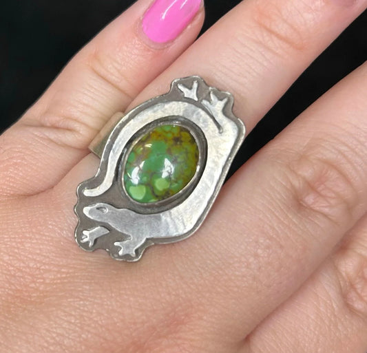 Green Turquoise in Gecko  Sterling Surround - Large Sterling Silver Ring- Size 9 - Naturalist Ring Design
