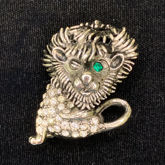 Vintage Silver Tone Winking Lion With Emerald Eye and Rhinestone Body Brooch Pin