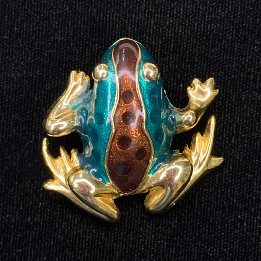 Green and Brown Enamel on Gold Tree Frog Brooch/ Pin - Amphibian Pin