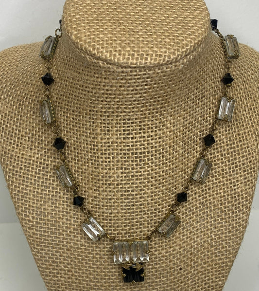 Vintage Black and Clear Crystal Necklace Set in Gold-Bronze Tone
