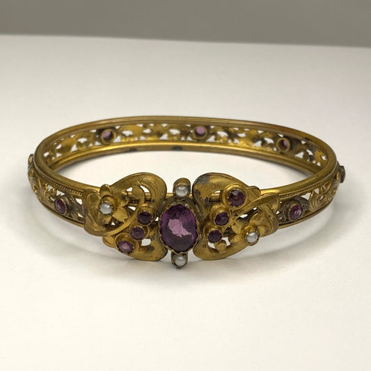 Vintage Victorian Purple Rhinestone and Pearl Bangle Bracelet Set in Gold Tone