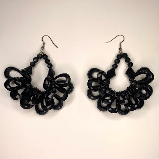 Vintage Large Black Beaded French Hook Dangle Earrings - Fun 1930s Flapper Style Bead work - Great Fun Look!