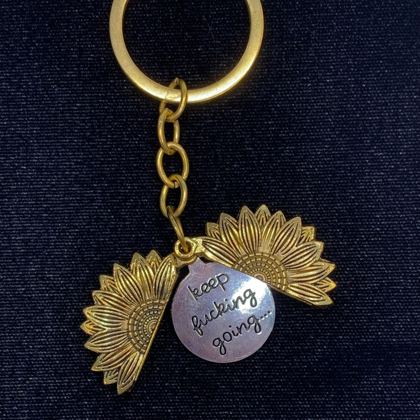 Gold Tone "Keep F-ing Going" Sunflower Peek-A-Boo Key Chain