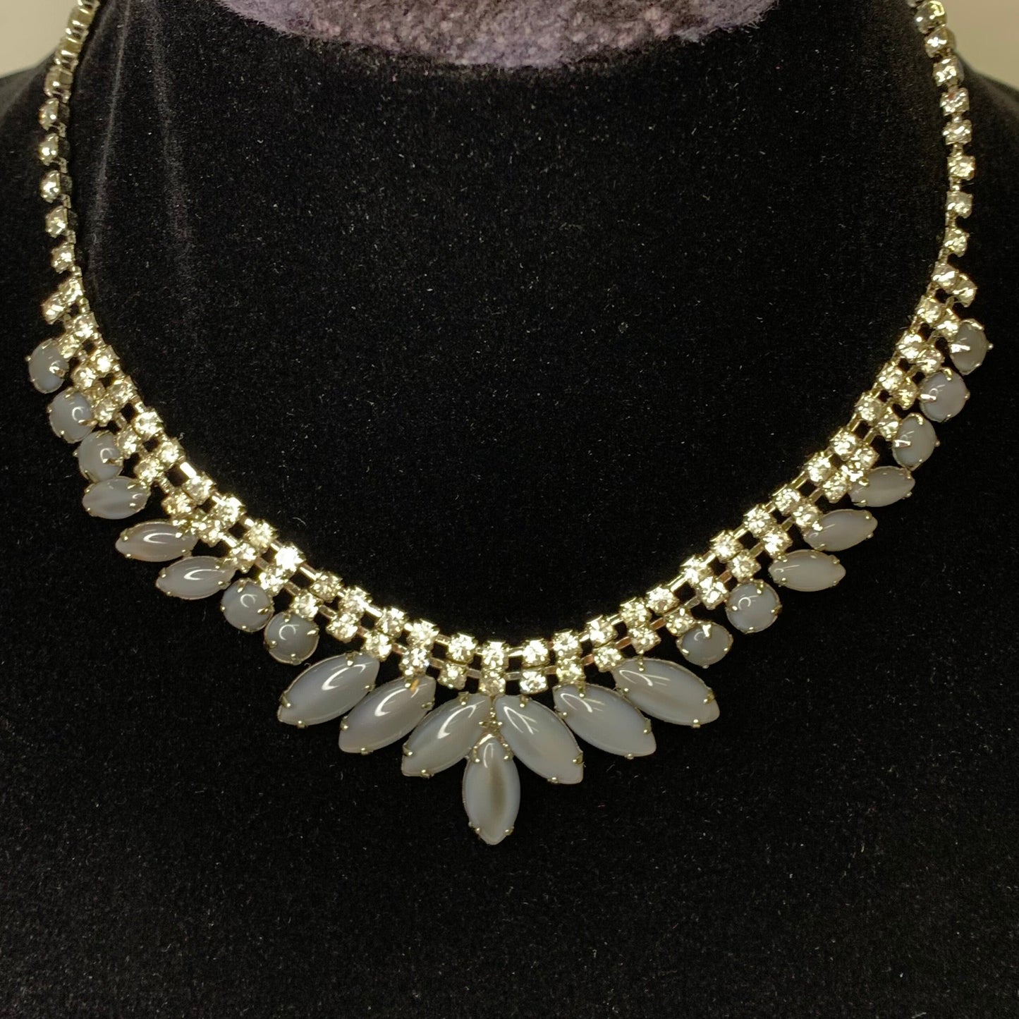 Blue/Grey Crystal and Rhinestone Necklace and Clip-On Earrings Set