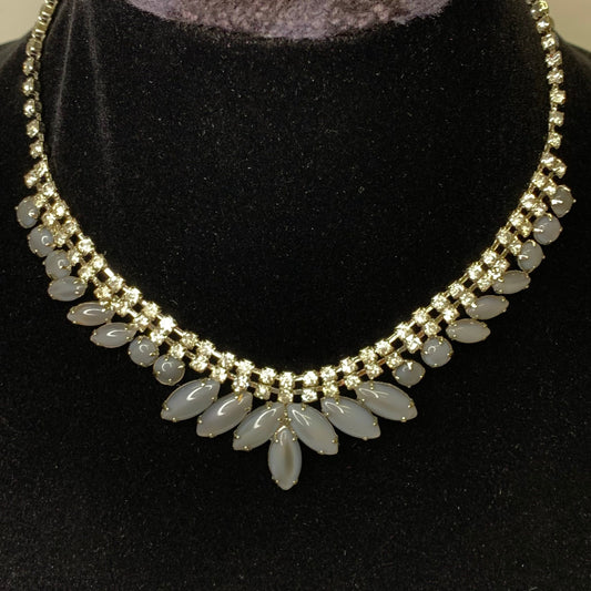 Blue/Grey Crystal and Rhinestone Necklace and Clip-On Earrings Set