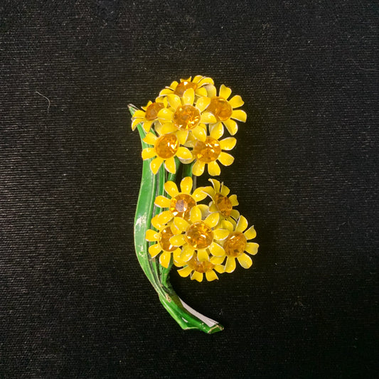 Yellow Daisy Brooch - Honey Nectar Austrian Crystal Centers -  Enamel and Crystal Floral Pin