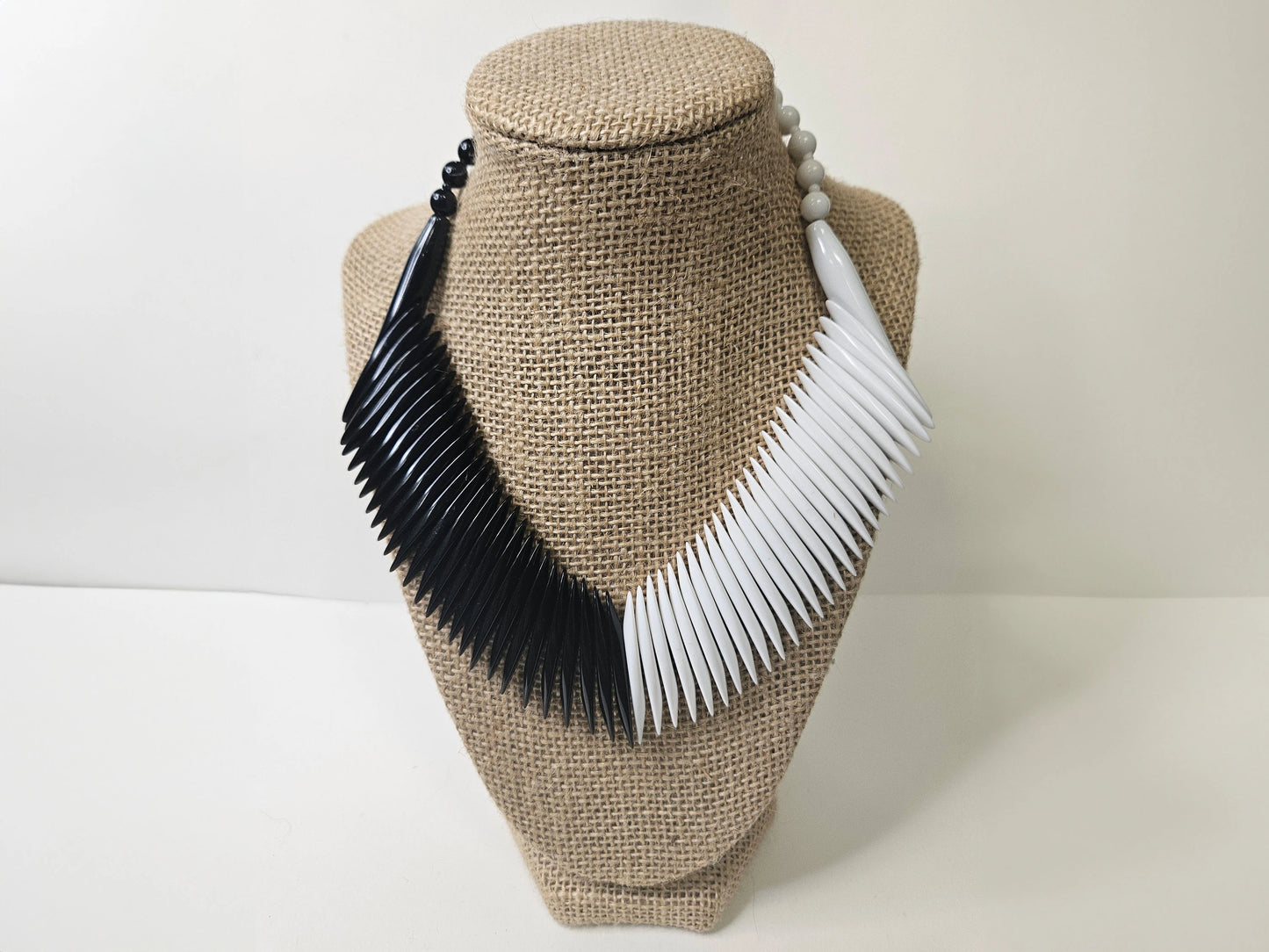 80's Black And White Aztec Style Spiky Beaded New Wave Statement Necklace