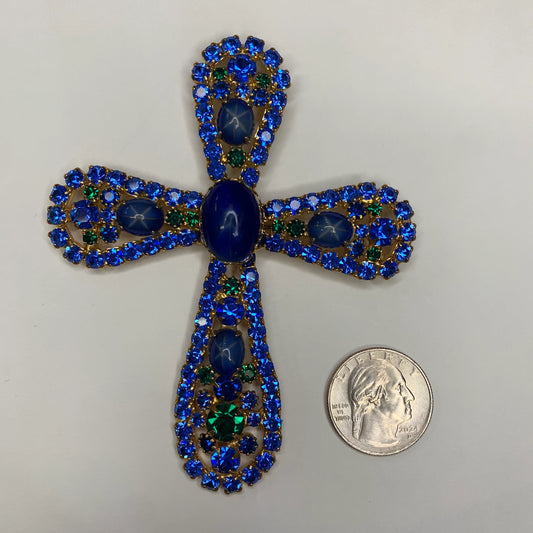 Stunning Large Blue and Green - Rhinestone Cross - Pendant and Brooch Pin