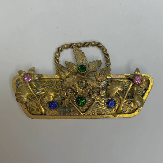 Brass and Rhinestone Floral Basket Brooch Pin