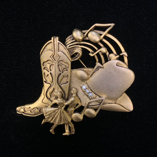 Square Dancing Brooch - Country Western Dancing Pin - Gold Square Dancing Pin With Rhinestones