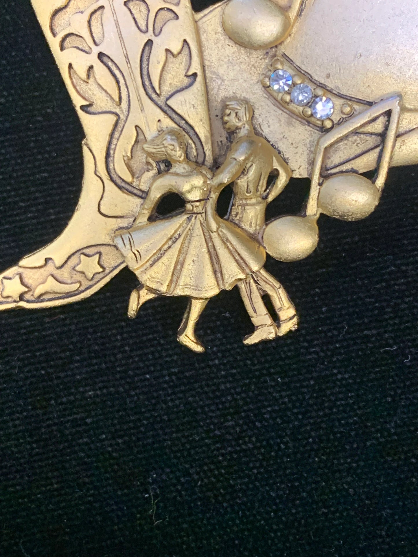 Square Dancing Brooch - Country Western Dancing Pin - Gold Square Dancing Pin With Rhinestones