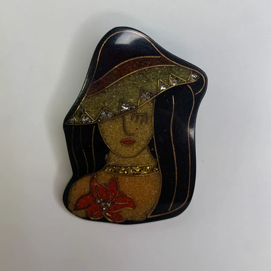 Mixed Media - Woman With Flower and Hat - Brooch Pin