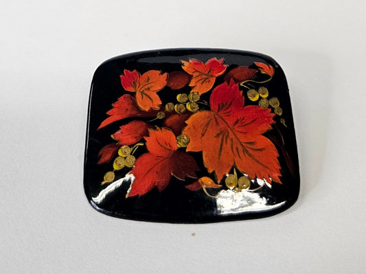 Hand Painted Autumn Leaves Brooch - Nature Pattern Black Rounded Square Pin