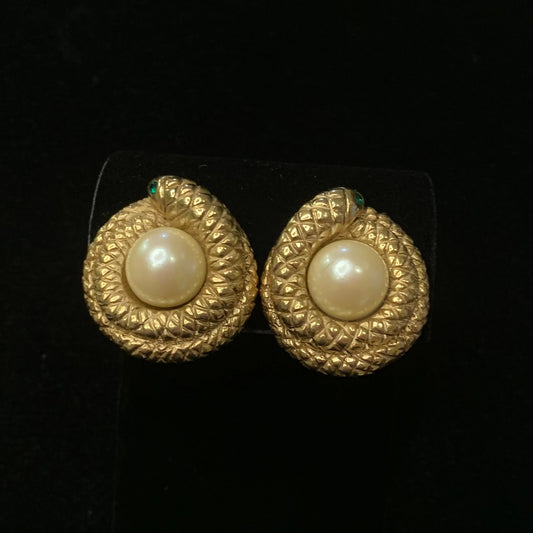 Vintage Erwin Pearl - Gold Snake - Clip-On Earrings - With Emerald Eyes and Pearl Center