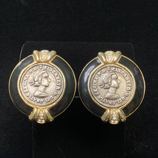 Queen Elizabeth II Coin in Gold and Black Enamel Surround, Elegant Clip-On Earrings - Ear rings for a Queen - British Coin