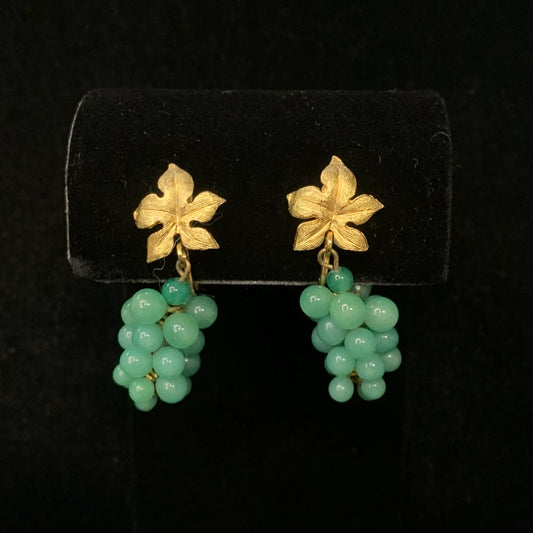 Green Jade Grape Clusters with Gold Tone Leaf Base - Clip-On Earrings - Bunch of Jade Grapes fall from Gold-Toned Leaves