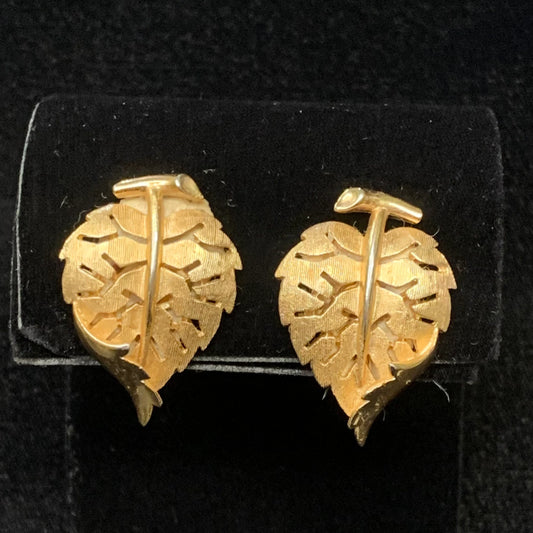 Trifari Clip on Leaf Shaped Earrings - Trifari Trifanium Gold-Toned Earrings - Very Natural Leaf Shaped Earrings -  Cut Metal Leaf Shape