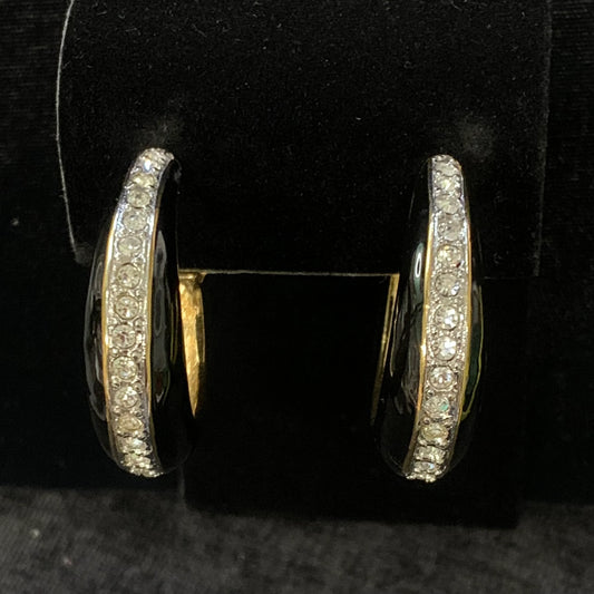 Vintage Essex Clip-On Earrings - Black Enamel and Rhinestones on Gold Tone