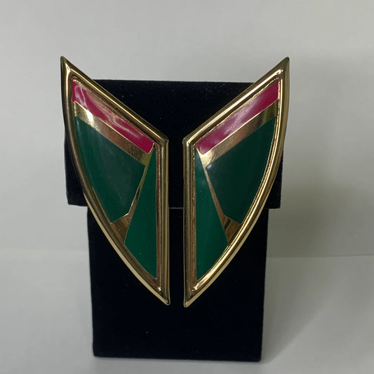 Vintage Lawrence Bott Green and Magenta Enamel on Gold-Toned Alloy Clip-On Earrings