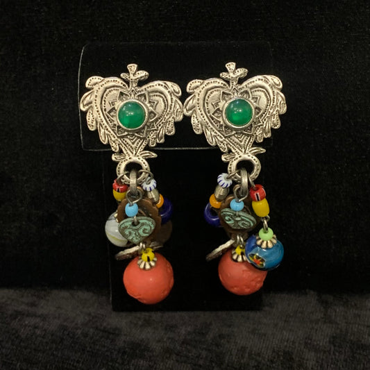 Robert Rose Earrings - Hand Blown Glass Beads - Wired together - Dangle from Silver Heart Shaped Ear clips - Terrific Boho 1960s Style Clip-ons