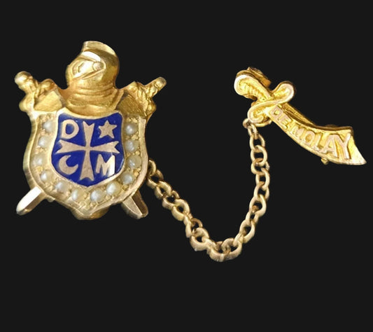 DeMolay Badge and Guard Pin - 10k Gold and Seed Pearls - Yellow Gold Knight and Sword