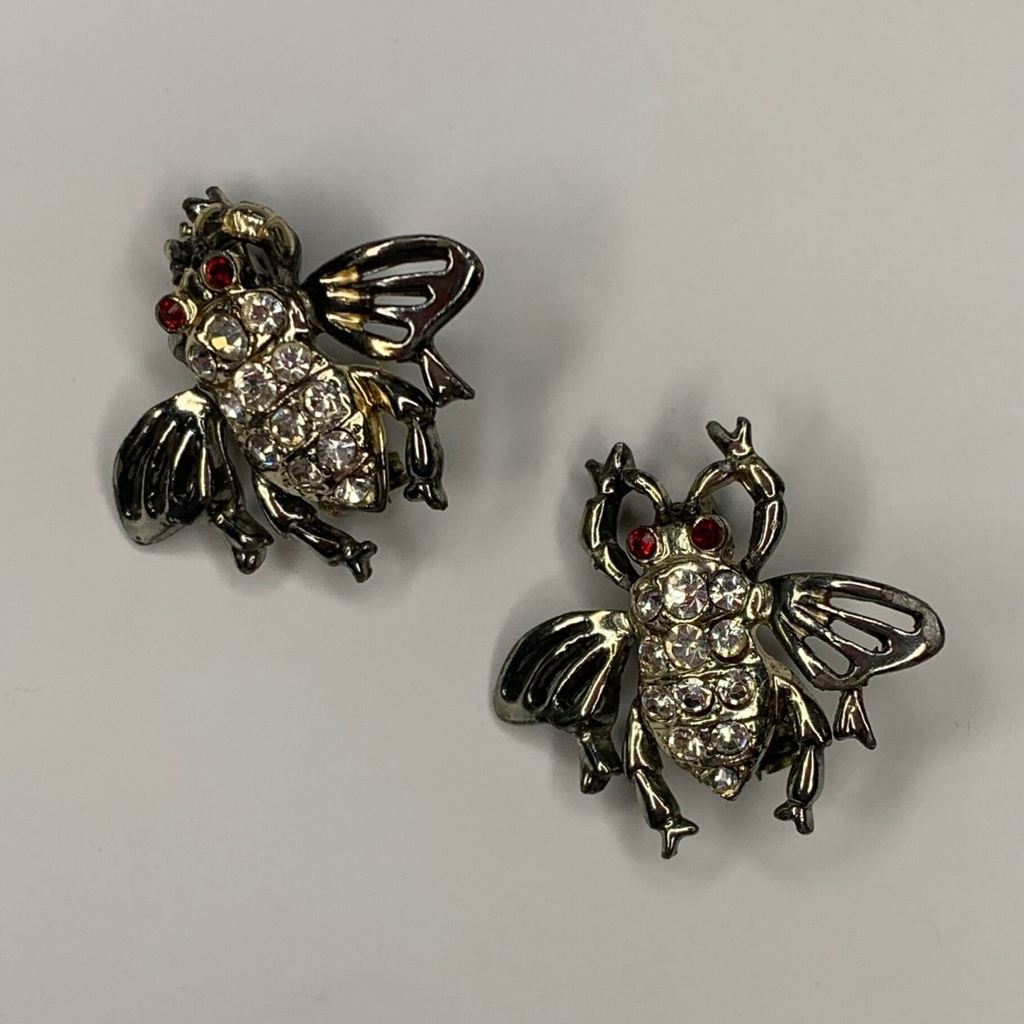 Silver-Tone Rhinestone Fly Pin Pair With Red Eyes