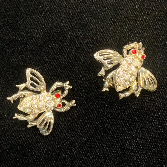 Silver-Tone Rhinestone Fly Pin Pair With Red Eyes