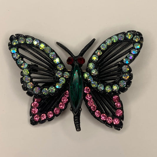 Vintage 1960s Weiss Black Butterfly With Rhinestones Brooch Pin