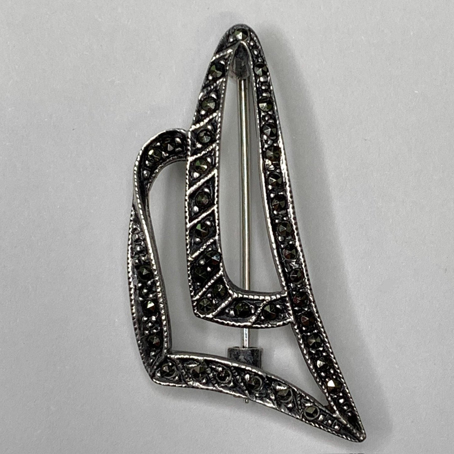 Sterling Silver Abstract Shape Brooch with Marcasite Settings - Mid Century Modern .925 Ladies Pin - Perfect Hat Decoration