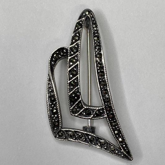 Sterling Silver Abstract Shape Brooch with Marcasite Settings - Mid Century Modern .925 Ladies Pin - Perfect Hat Decoration