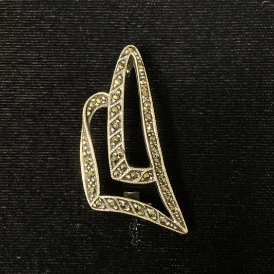 Sterling Silver Abstract Shape Brooch with Marcasite Settings - Mid Century Modern .925 Ladies Pin - Perfect Hat Decoration