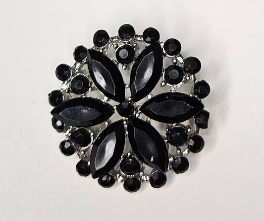 Mourning Period Black Glass Flower Brooch - Marked Navettes - Prong Set Flower Shape