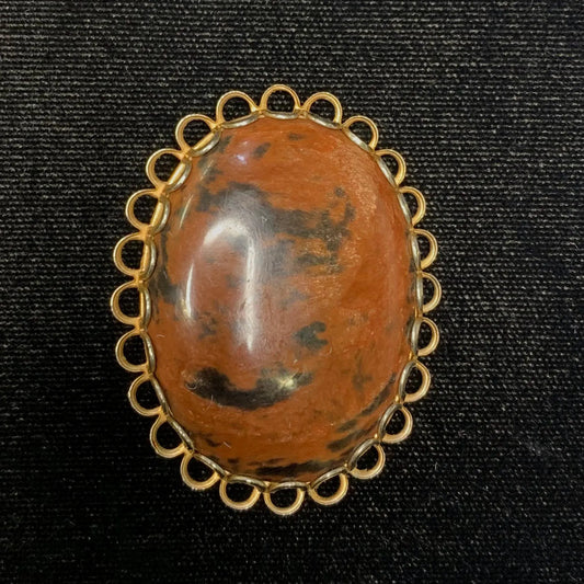 Brown and Black Stone Brooch with Silver-Tone and Gold-Tone Border