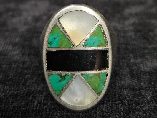 Oval Inlay - Mother of Pear, Turquoise, and Onyx Set in .925 Silver Ring- Size 11.5 Men's Ring- Native American Silver Pattern